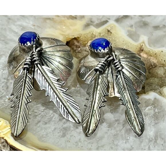 VTG Navajo Style Sterling Silver Feather Earrings w/ Blue Lapis Cabochon 9.6g - Picture 6 of 11